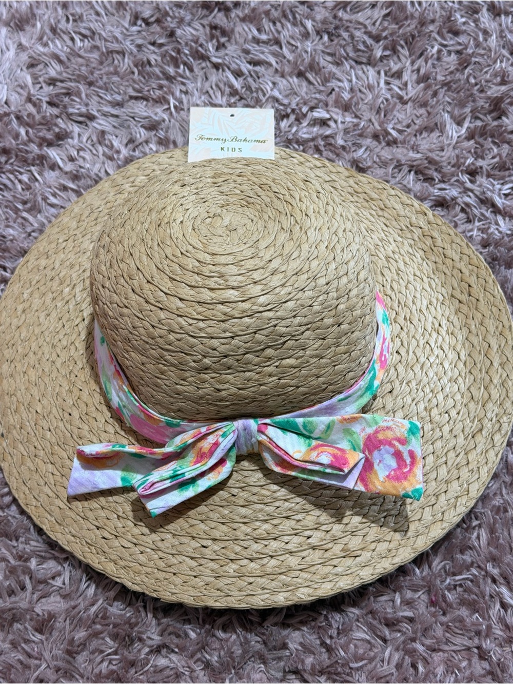 Tommy Bahama Kids Natural Straw Hat with Pink & Green Floral Bow